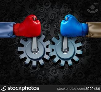 Strategic alliance and corporate partnership or business teamwork concept with two rival businessmen with boxing gloves merging together to form a competition cooperation moving gears and cogs for financial success.