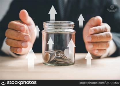 Strategic businessman with money jar, eyeing real estate growth for income. Future planning for wealth, property success, house value, and financial security. Bank on investment, currency, economy.