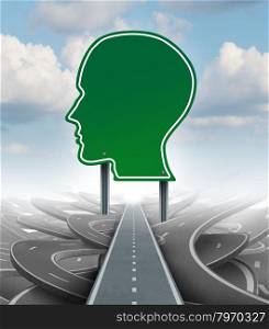 Strategic direction leadership business concept with a green road or highway sign in the shape of a human head as an icon of breaking out from a confusion of tangled roads with a clear plan for a personal success path.