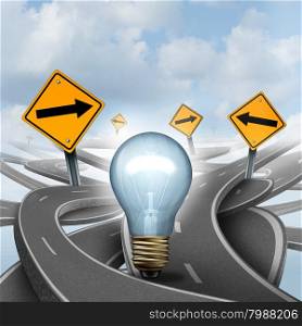Strategic Ideas concept as a business symbol with a lightbulb or light bulb choosing the right strategic path for a new creative way with yellow traffic signs arrows and tangled roads and highways in a confused direction.