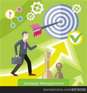 Strategic management concept flat style vector. Businessman with briefcase, arrow in target, chess figures, gears illustrations. Success planning and expected development. Wealth and savings growing. . Strategic Management Concept Vector Illustration. Strategic Management Concept Vector Illustration