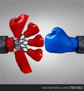 Strategy advantage and business competitiveness concept as a red boxing glove opening up to a secret weapon to reveal multiple team members to compete with another rival.