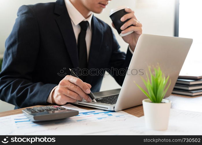 strategy analysis concept, Businessman working financial Manager Researching Process accounting calculate analyse market graph data stock information review on the table in office