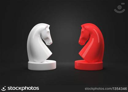 Strategy Concept of Horse chess board game on black color background. 3D Render.