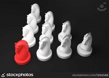 Strategy Concept of Horse chess board game on black color background. 3D Render.