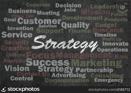 Strategy concept with business related words on retro background