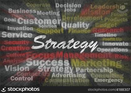 Strategy concept with business related words on retro background