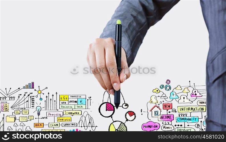 Strategy in business. Close up of businessman hand drawing business plan and ideas