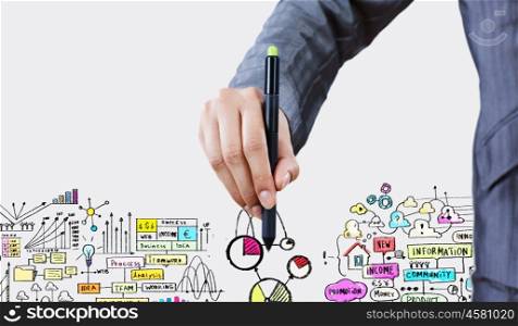 Strategy in business. Close up of businessman hand drawing business plan and ideas