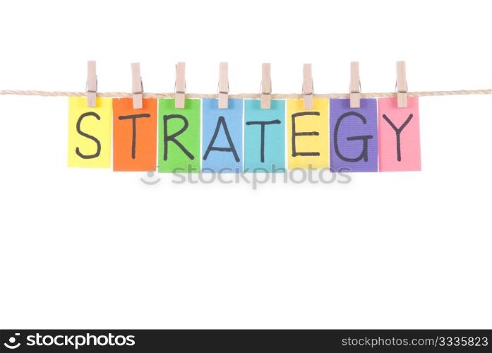 Strategy, paper words card hang by wooden peg