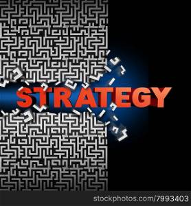 Strategy solution concept and game plan symbol as text breaking through a maze or labyrinth puzzle as a financial or corporate symbol of planning success to find a way towards succeeding in business and life.