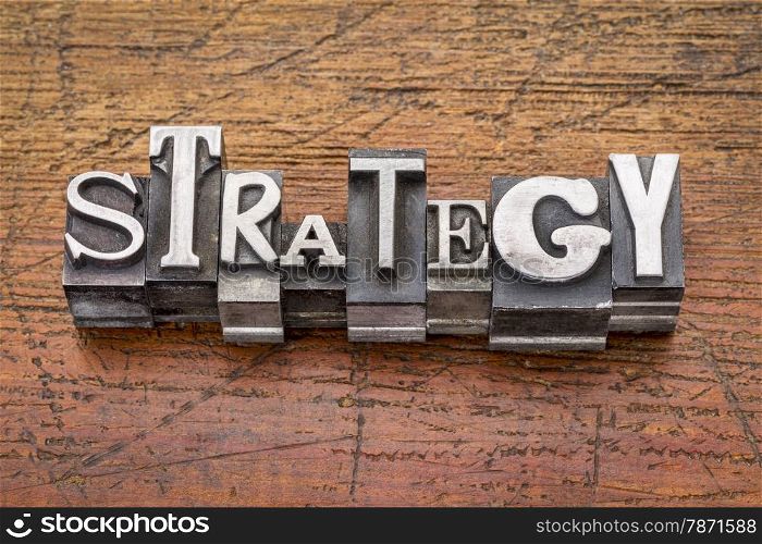 strategy word in mixed vintage metal type printing blocks over grunge wood