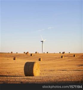 straw bales and wind turbine in late evening light on countryside of french normandy near calais and boulogne