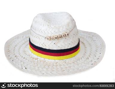 straw hat germany and sand with german text for summer, isolated on white