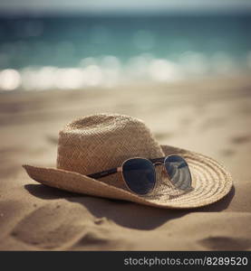 Straw hat, sun glasses on tropical beach created by generative AI