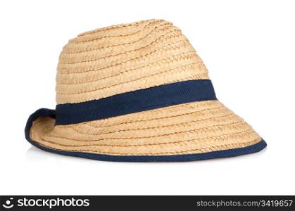 Straw hat with blue ribbon on white background.