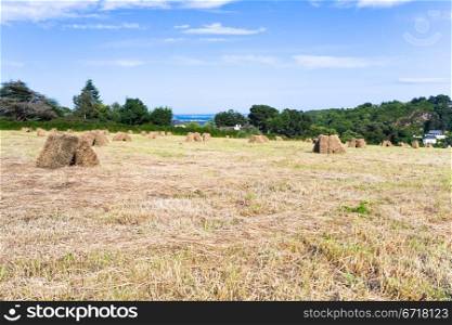 straw stack in field near small Breton village