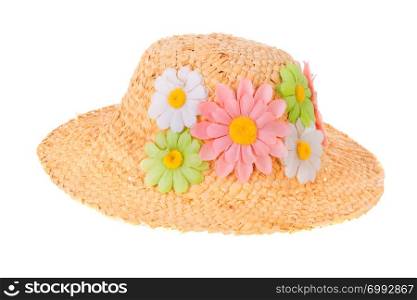 Straw summer hat with flowers isolated over white background