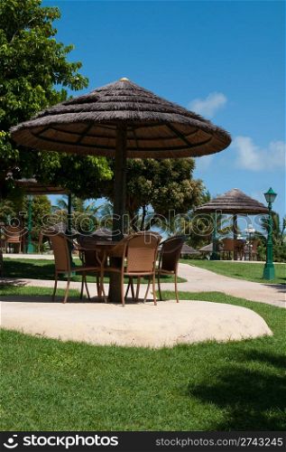 straw umbrella and chairs in a tropical resort (next to the swimming pool)