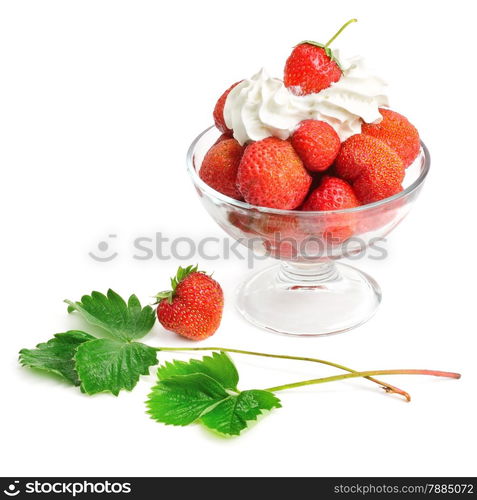 Strawberries and cream in bowl isolated on white background