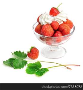 Strawberries and cream in bowl isolated on white background