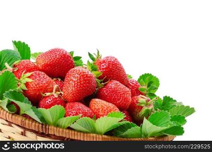 Strawberries and green leaves isolated on white background. Free space for text.