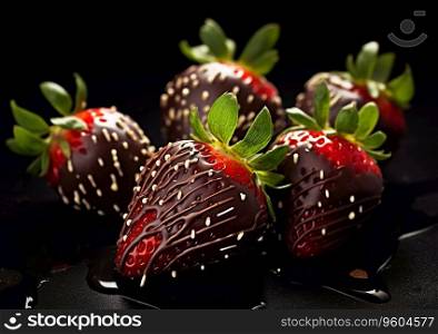 Strawberries dipped in milk and white on black background.AI Generative