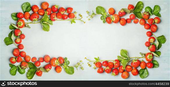 strawberries frame on wooden background, top view, banner for website