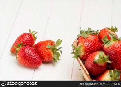 Strawberries in a small basket on wooden table.
