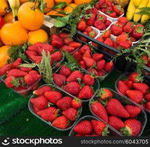 Strawberries in boxes as healthy food on sale
