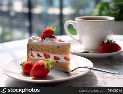 Strawberry and biscuit cake with tea cup on table.AI Generative.