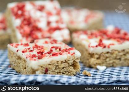 Strawberry and meringue topped flapjack
