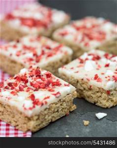Strawberry and meringue topped flapjack
