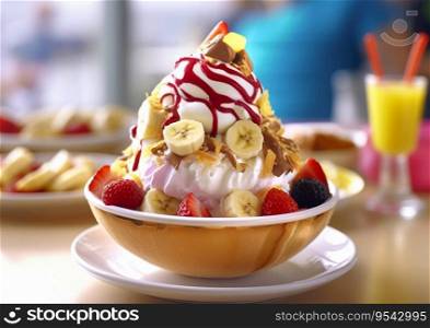 Strawberry banana vanilla split dessert with with whipped cream on table.AI Generative