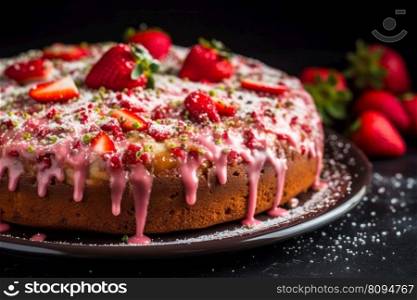 Strawberry cake closeup. Cream food. Generate Ai. Strawberry cake closeup. Generate Ai