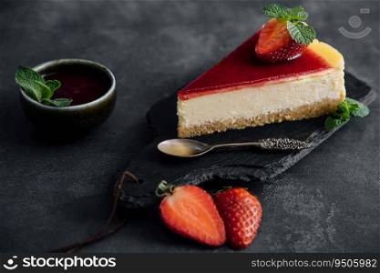 Strawberry cheesecake slice close up on a dark