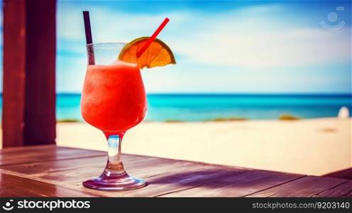 Strawberry Daiquiri cocktail on background with blue sea and sky tropical background. Generative AI.. Strawberry Daiquiri cocktail on background with blue sea and sky tropical background. Generative AI