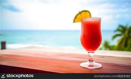Strawberry Daiquiri cocktail on background with blue sea and sky tropical background. Generative AI.. Strawberry Daiquiri cocktail on background with blue sea and sky tropical background. Generative AI