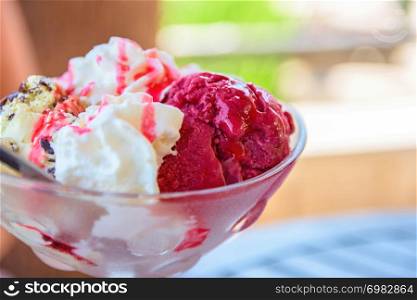 Strawberry Ice Cream In Bowl With Sauce