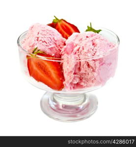 Strawberry ice cream in glass bowl with strawberries isolated on white background