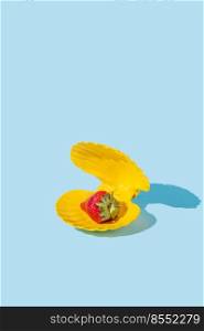 Strawberry in a yellow seashell instead of pearl on a blue background. Summer minimal healthy food concept. Isometric layout. Rectangle with copy space. Strawberry in a yellow seashell instead of pearl on a blue background.