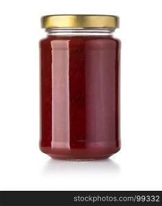 Strawberry jam glass jar isolated on white background clipping path