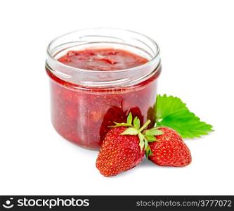 Strawberry jam in a glass jar, berry and leaf of strawberry isolated on white background