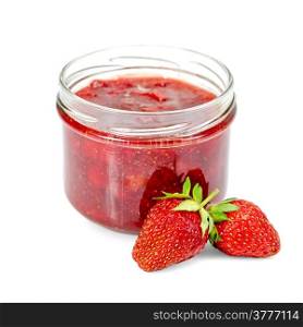 Strawberry jam in a glass jar, berry of strawberry isolated on white background