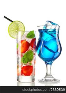 Strawberry mojito and Blue Curacao cocktails isolated on white