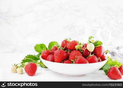 Strawberry on plate with twigs and leaves on white background