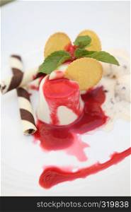 Strawberry Panna Cotta pudding with ice cream