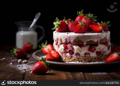 Strawberry pudding cake with yogurt on wooden table. Generative ai.