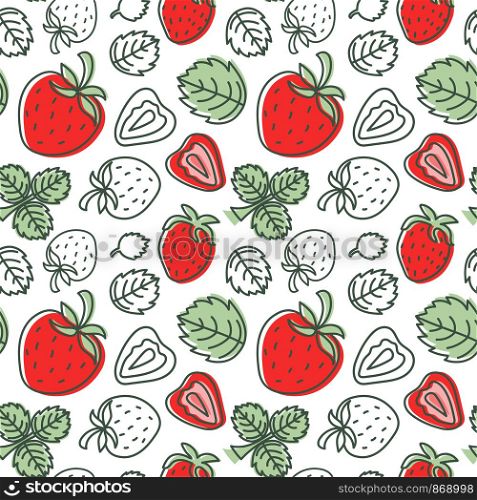 Strawberry seamless pattern. Hand drawn fresh berry. Vector sketch background. Colorful doodle wallpaper. Red and green print