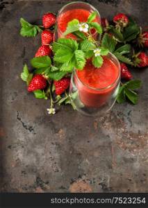 Strawberry smoothie. Detox concept. Healthy food. Vintage style still life. Top view